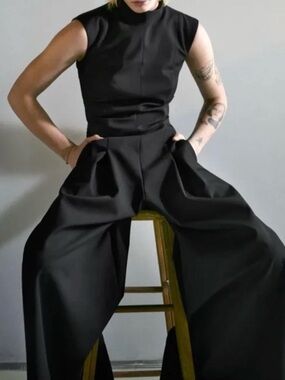 . ZARA WOMAN BLACK HIGH NECK SUPER WIDE LEG SLEEVELESS JUMPSUIT SZ XS NWT